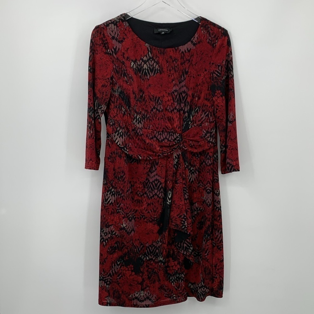 R&M Richards shift dress red black blurred floral print twist drape waist 14